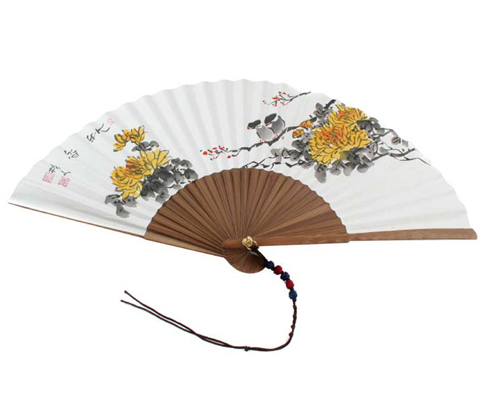 Handpaint Folding Paper Yellow Flower Painting Bamboo Wood Wall Hand Art Fan 