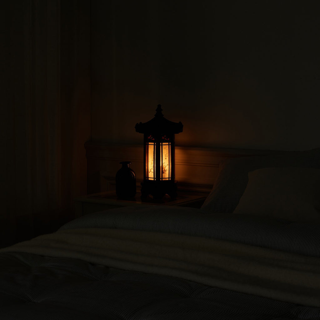 Hexagonal Carved Wood Lantern Brown Art Deco Bedside Bedroom Table Lamp Light