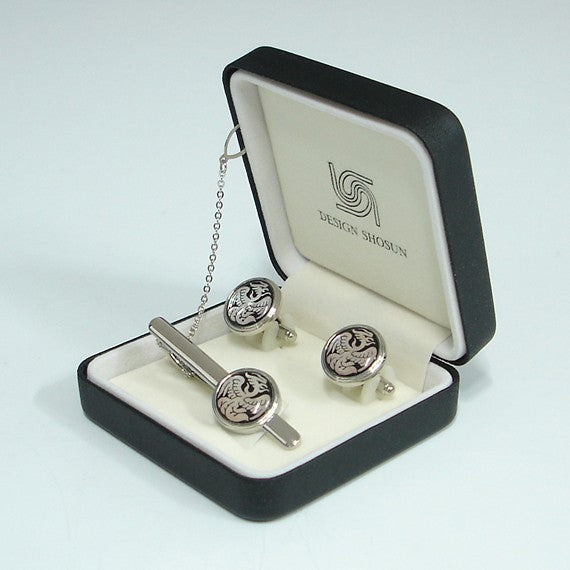 Mother of Pearl Phoenix Design Tie Clip Bar Clasp Pin Round Cufflinks Gift Set