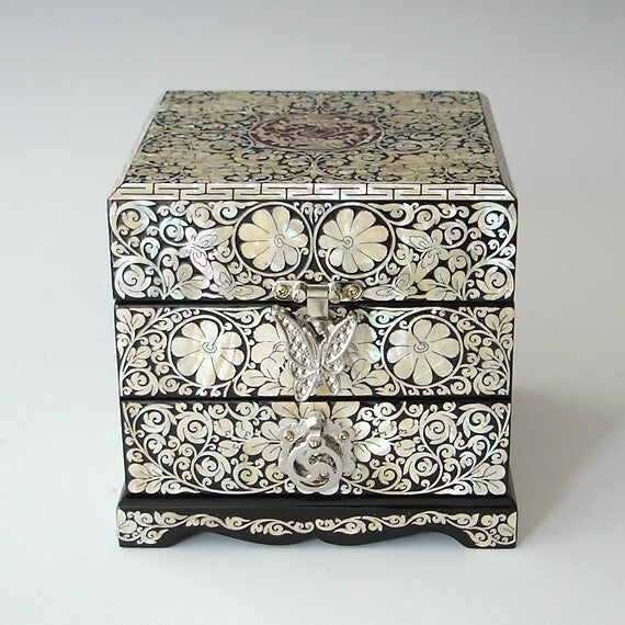 Mother of Pearl Art Drawer Jewelry Box Necklace Brooch Trinket Case Chest Holder