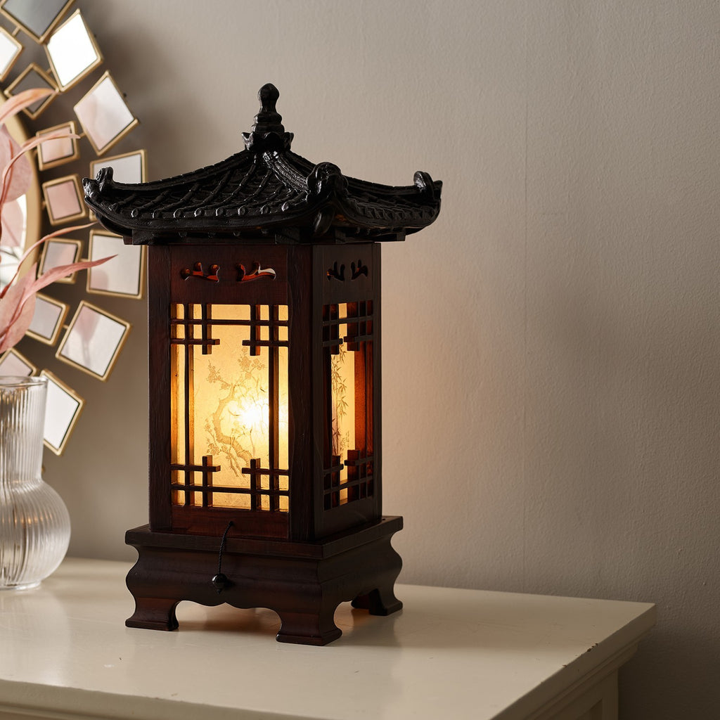 Carved Wood Art Home Deco Lantern Brown Square Bedside Bedroom Table Lamp Light