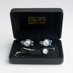 Mother of Pearl Circle Design Tie Clip Bar Clasp Pin Round Cufflinks Gift Set