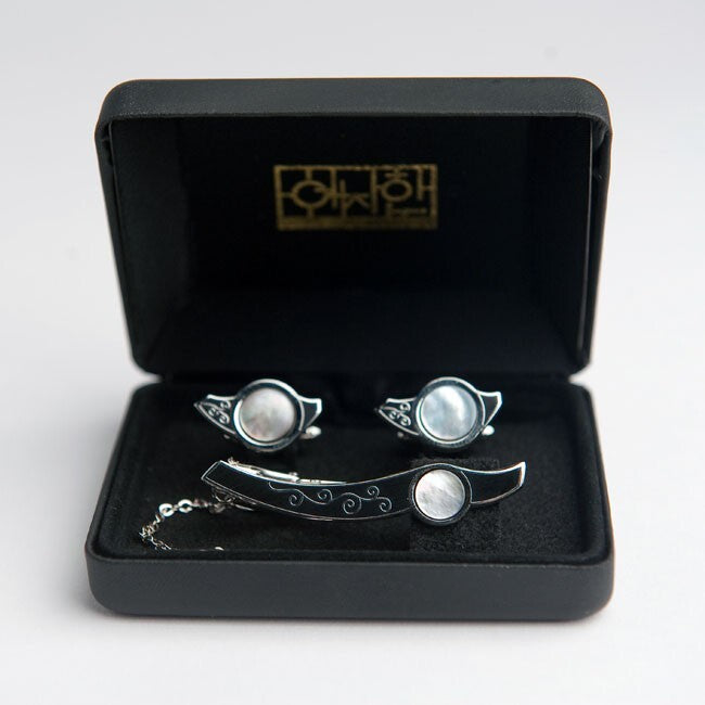 Mother of Pearl Circle Design Tie Clip Bar Clasp Pin Round Cufflinks Gift Set