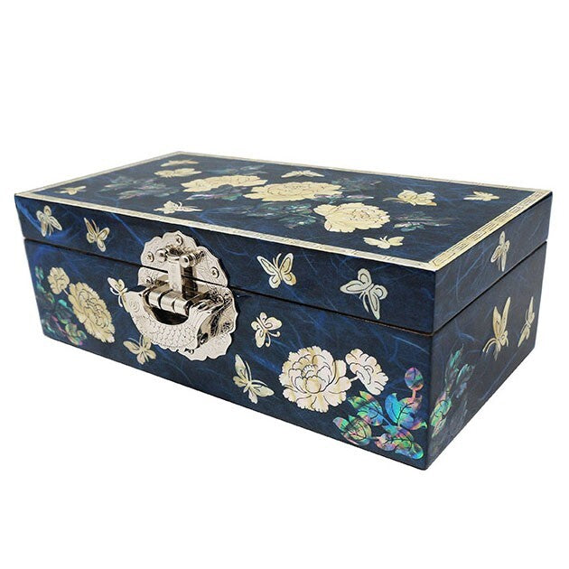 Mother of Pearl Blue Wood Jewelry Box Trinket Keepsake Organizer Chest Holder