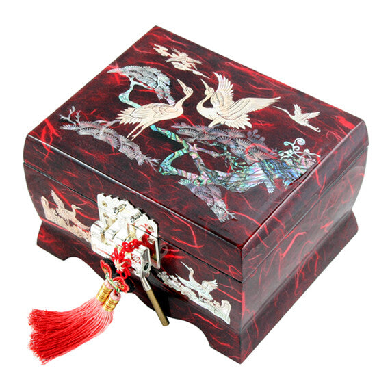 Mother of Pearl Wood Musical Red Jewelry Necklace Ring Music Treasure Box Case