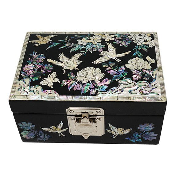 Mother of Pearl Wood Black Treasure Jewelry Travel Trinket Box Chest Gift Case