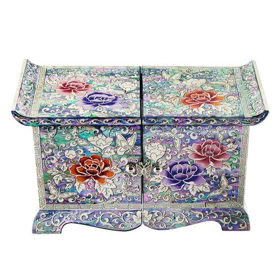 Mother of Pearl House Flower Wood Oriental Treasure Jewelry Ring Box Chest Case