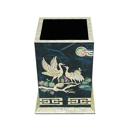 Mother of Pearl Blue Desk Stand Wood Pen Pencil Brush Holder Lid Case Box Gift