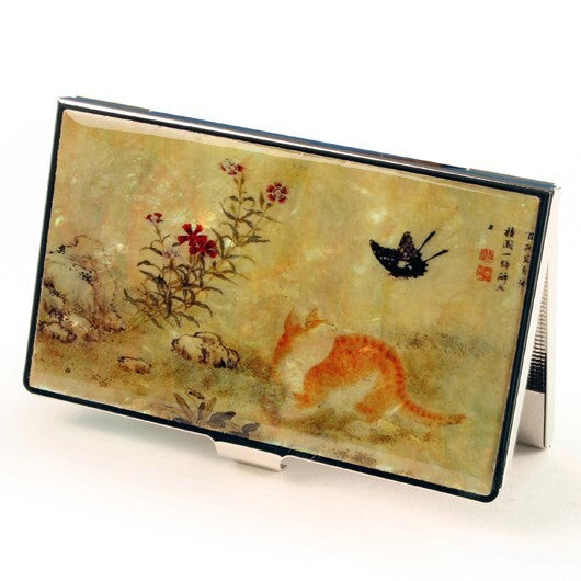 Mother of Pearl Cat Metal RFID Block Business Credit Name ID Card Case Holder