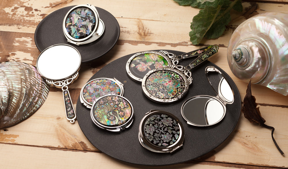 MOP Patchwork Mosaic Design Compact Cosmetic Purse Makeup Pocket Round Mirror 