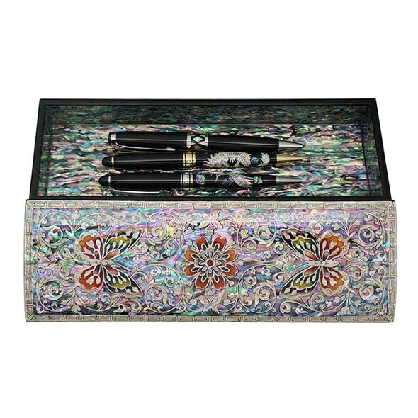 Mother of Pearl Inlay Desk Wood Pen Pencil Brush Holder Lid Case Box Gift