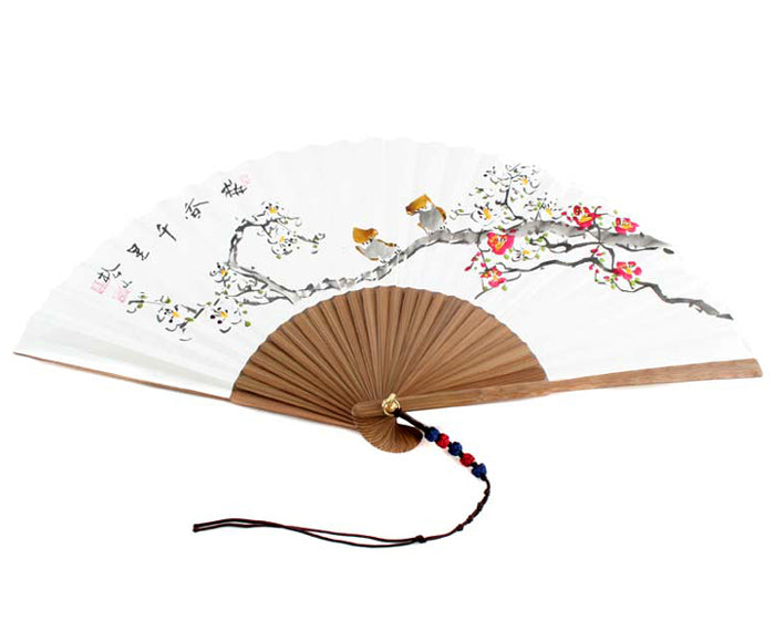 Hand Folding Bird Plum Flower Design White Paper Flower Painting Wall Asian Fan