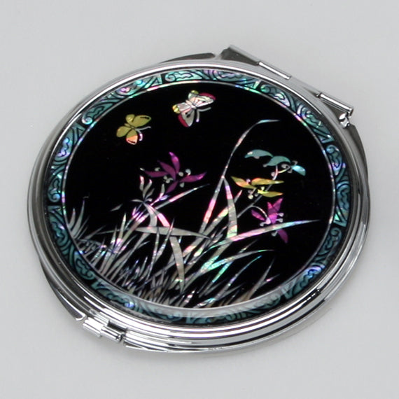 Mother of Pearl Flower Black Art Metal Double Compact Cosmetic Lady Purse Mirror