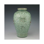 Korean Celadon Green Porcelain Ceramic Art Pottery Red Flower Asian Decor Vase
