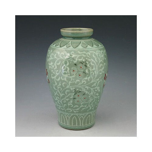 Korean Celadon Green Porcelain Ceramic Art Pottery Red Flower Asian Decor Vase