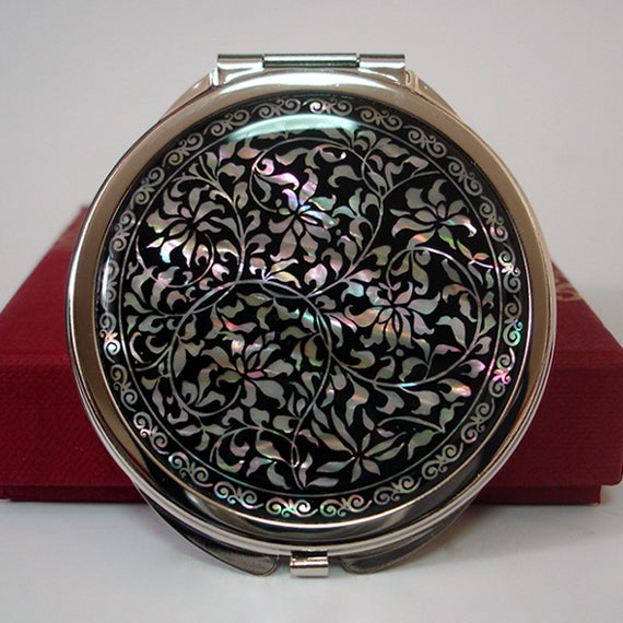 Mother of Pearl Black Compact Cosmetic Makeup Round Handbag Purse Pocket Mirror