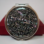 Mother of Pearl Black Compact Cosmetic Makeup Round Handbag Purse Pocket Mirror