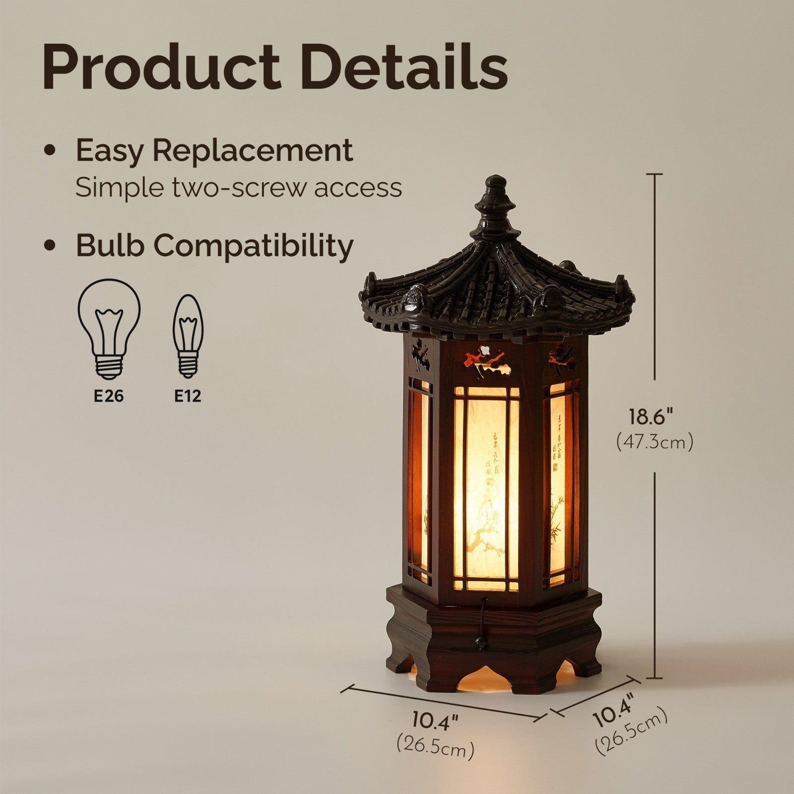 Hexagonal Carved Wood Lantern Brown Art Deco Bedside Bedroom Table Lamp Light