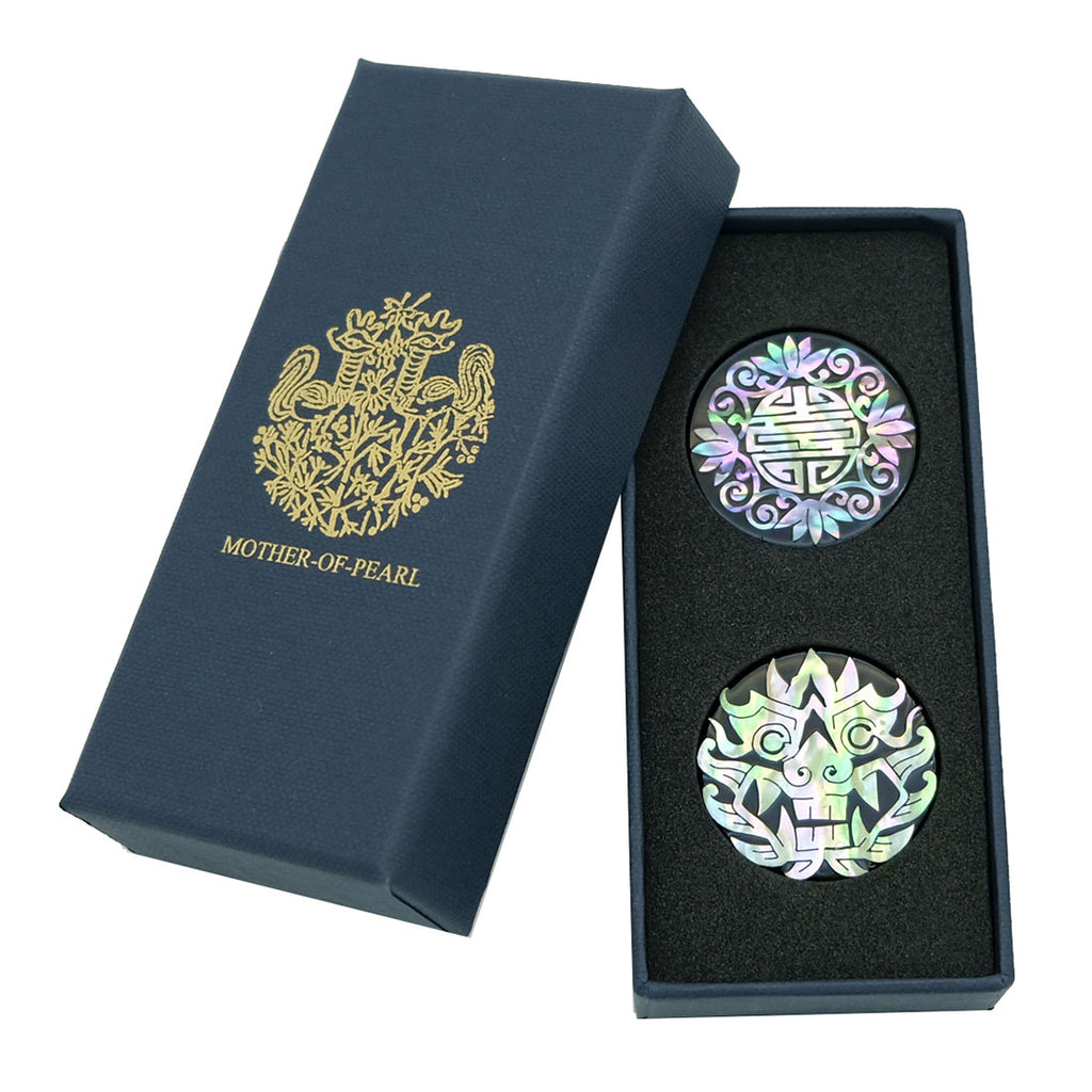 Mother of Pearl Set of 2 Black Golf Ball Marker with Arabesque and Korean Monster Design