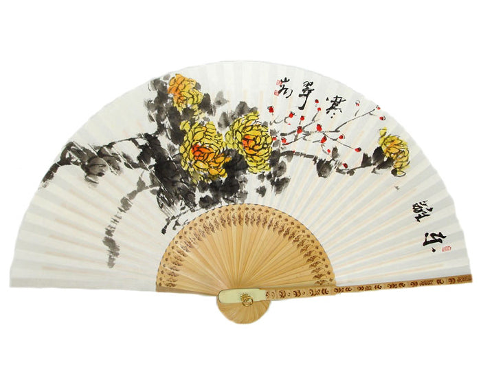 Premium Hand Painted Yellow Chrysanthemum Flowers Folding Fan - White Paper Bamboo Home Deco