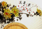 Premium Hand Painted Yellow Chrysanthemum Flowers Folding Fan - White Paper Bamboo Home Deco