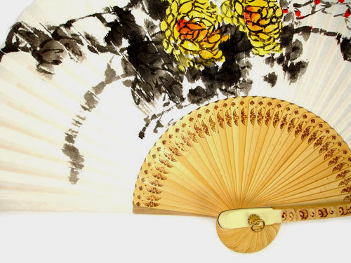 Premium Hand Painted Yellow Chrysanthemum Flowers Folding Fan - White Paper Bamboo Home Deco