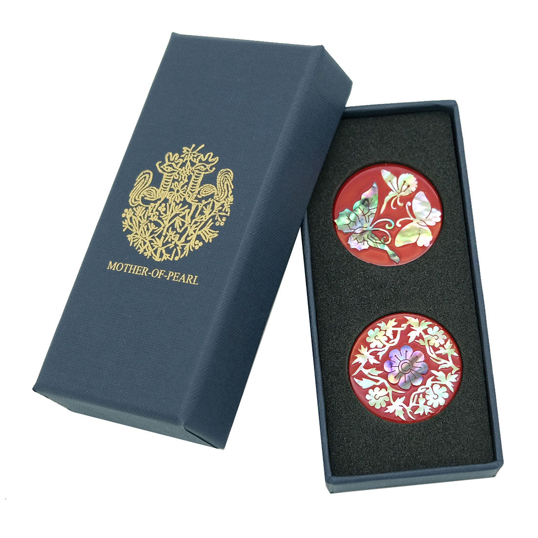 Mother of Pearl Set of 2 Red Golf Ball Marker with Butterfly and Chrysanthemum Design