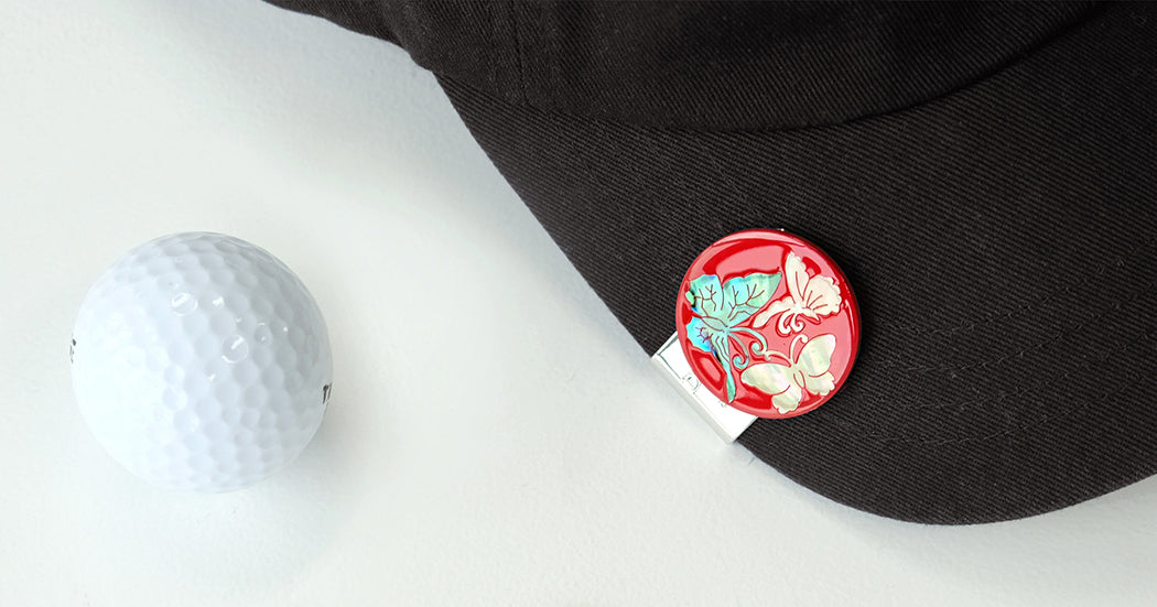 Mother of Pearl Set of 2 Red Golf Ball Marker with Butterfly and Chrysanthemum Design