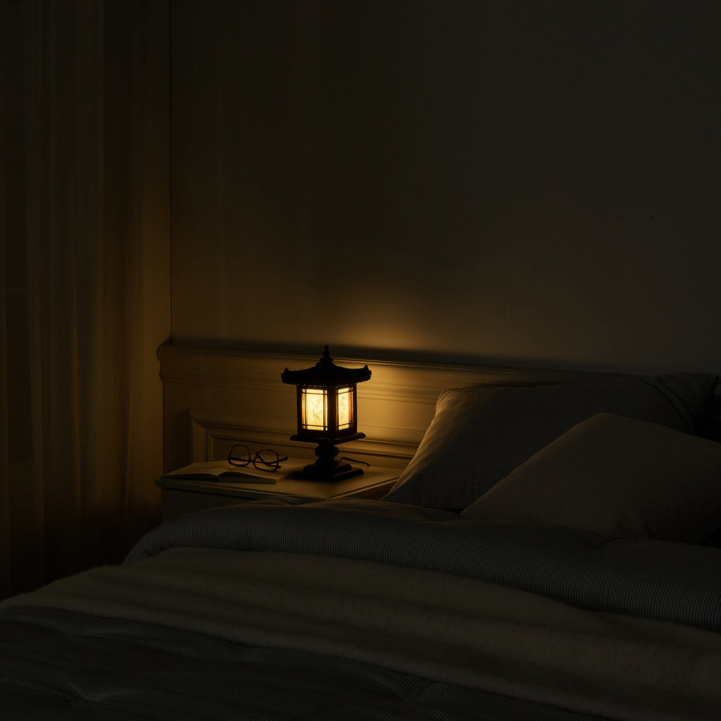 Carved Wood Bedside Lamp - Handmade Brown Korean Bedroom Decor Light