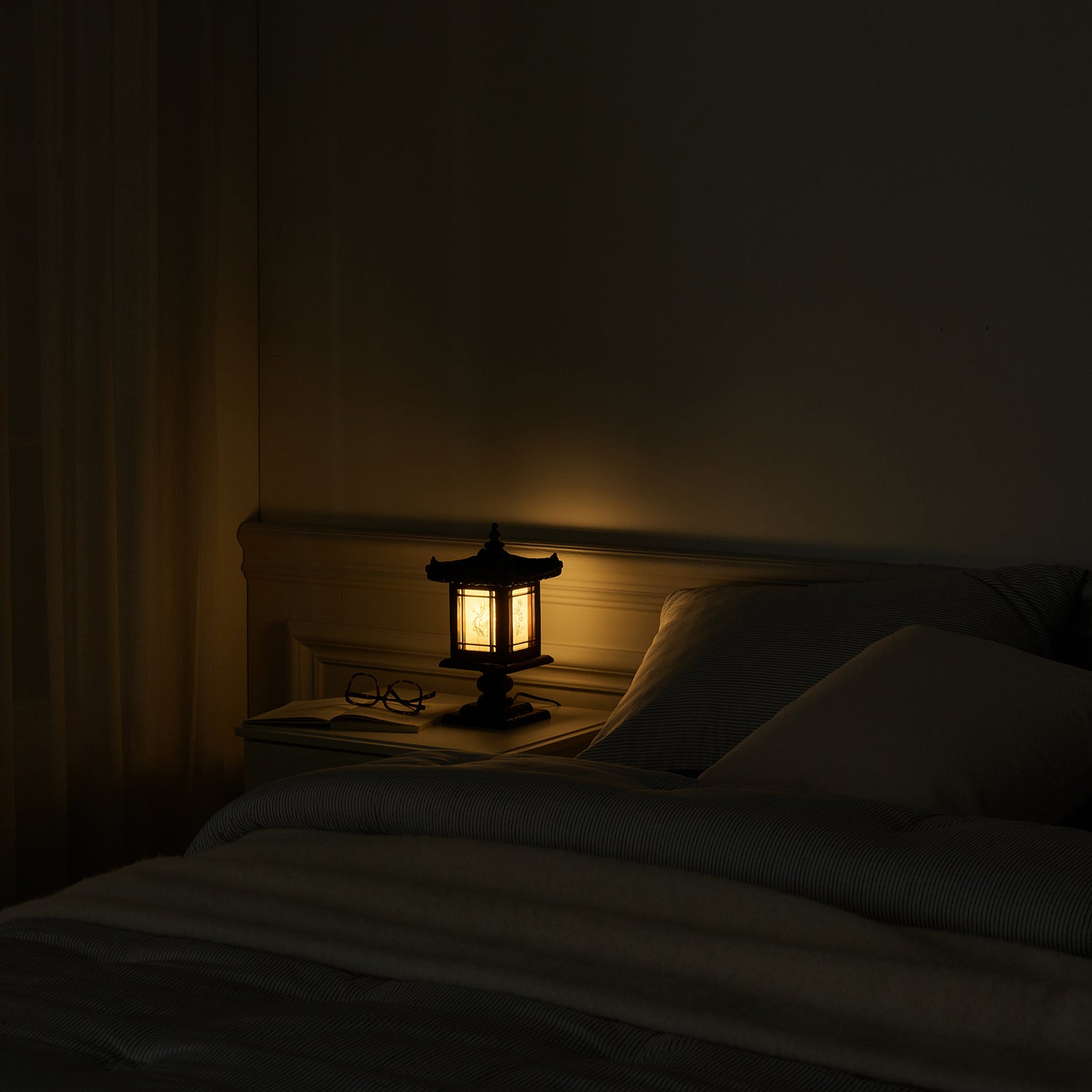 Carved Wood Bedside Lamp - Handmade Brown Korean Bedroom Decor Light