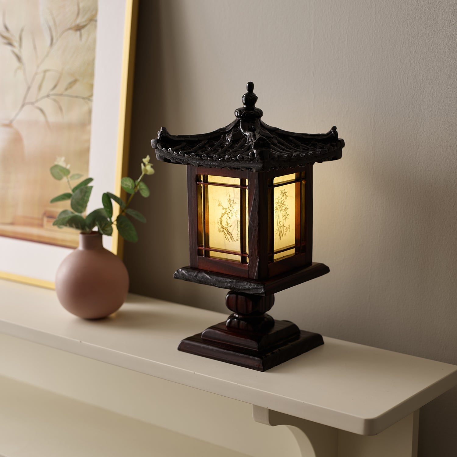Carved Wood Bedside Lamp - Handmade Brown Korean Bedroom Decor Light