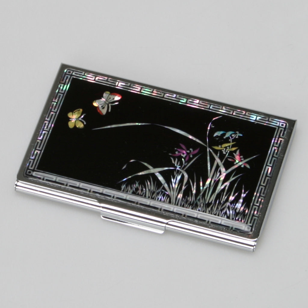 Mother of Pearl Orchid Black Business Card Case - Slim Metal Credit Card Holder