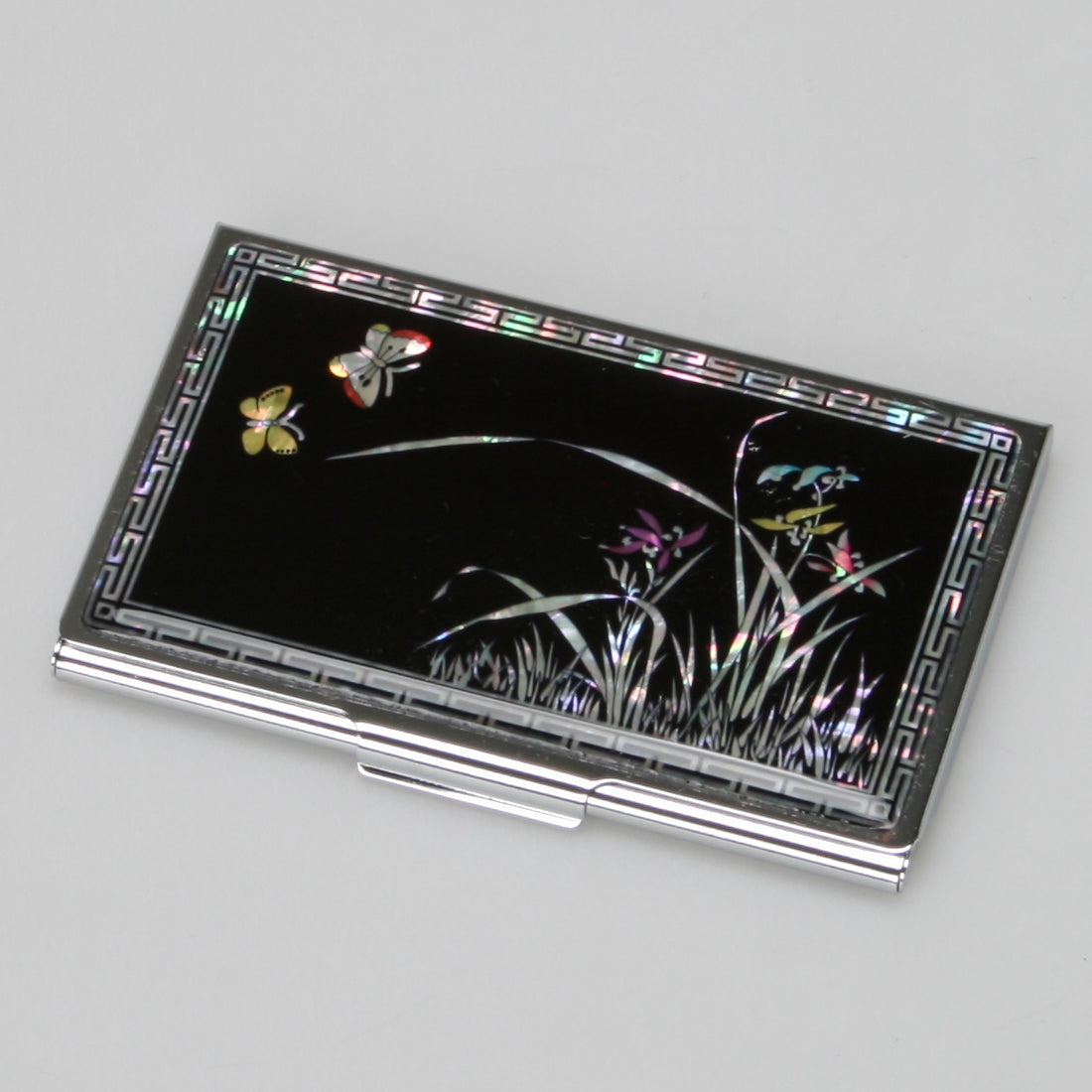 Mother of Pearl Orchid Black Business Card Case - Slim Metal Credit Card Holder