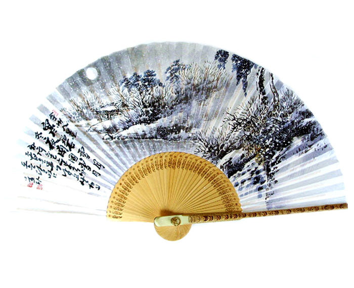 Premium Hand Painted Snowy Riverside Pavilion Folding Fan - White Paper Bamboo Wood Home Deco