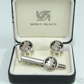 Mother of Pearl Art Tiger Design Tie Clip Bar Clasp Pin Round Cufflinks Gift Set