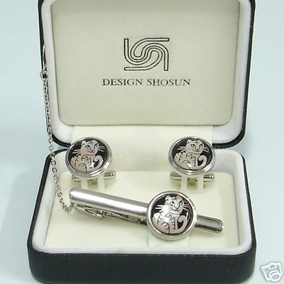 Mother of Pearl Art Tiger Design Tie Clip Bar Clasp Pin Round Cufflinks Gift Set