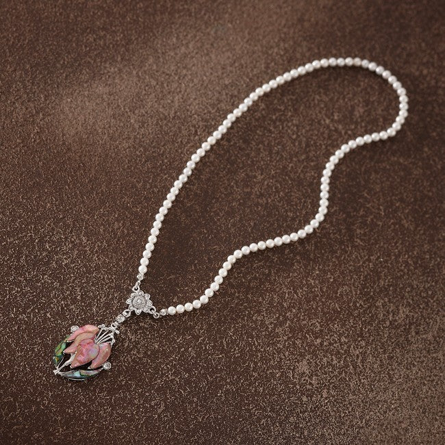 Mother of Pearl Pink Orchid Flower Natural White Pearl Chain Pendant Necklace