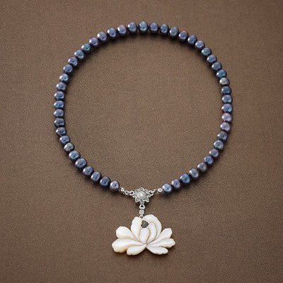 White Mother of Pearl Lotus Natural Saltwater Black Pearl Chain Pendant Necklace