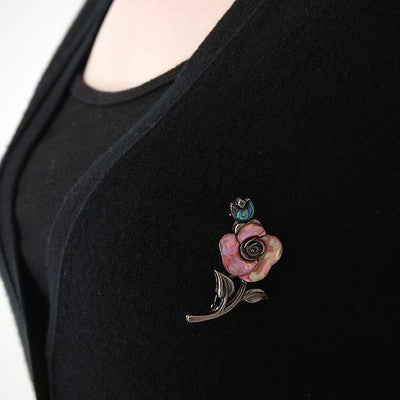 Mother of Pearl Pink Rose Flower Abalone Shell Breastpin Bridal Party Brooch Pin