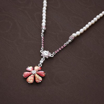 Mother of Pearl Pink Cosmos Flower Natural White Pearl Chain Pendant Necklace