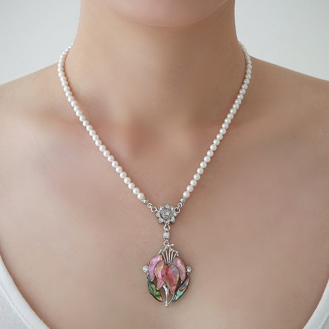 Mother of Pearl Pink Orchid Flower Natural White Pearl Chain Pendant Necklace