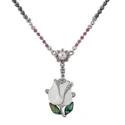 Mother of Pearl White Tulip Flower Natural Black Pearl Chain Pendant Necklace