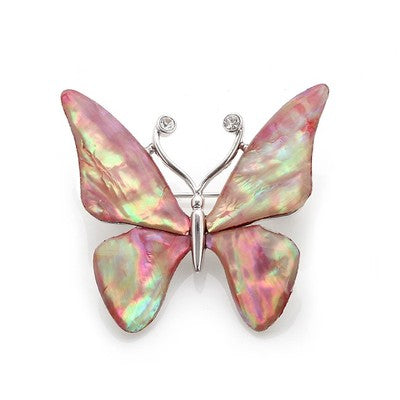 Mother of Pearl Pink Butterfly Design Colorful Abalone Shell Wedding Brooch Pin