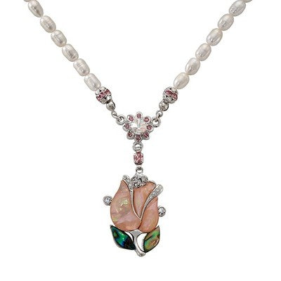 Mother of Pearl Pink Tulip Flower Natural White Pearl Chain Pendant Necklace