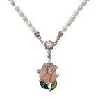 Mother of Pearl Pink Tulip Flower Natural White Pearl Chain Pendant Necklace