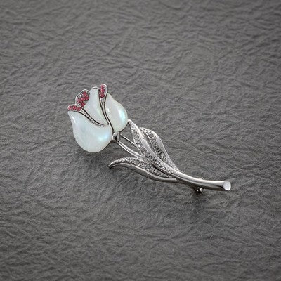 Mother of Pearl White Tulip Flower CZ Shell Wedding Bridesmaid Bridal Brooch Pin