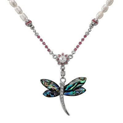 Mother of Pearl Dragonfly Natural Freshwater White Pearl Chain Pendant Necklace