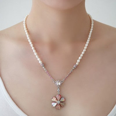 Mother of Pearl Pink Cosmos Flower Natural White Pearl Chain Pendant Necklace