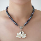 White Mother of Pearl Lotus Natural Saltwater Black Pearl Chain Pendant Necklace