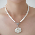 Mother of Pearl Rose Flower Natural Saltwater White Pearl Chain Pendant Necklace
